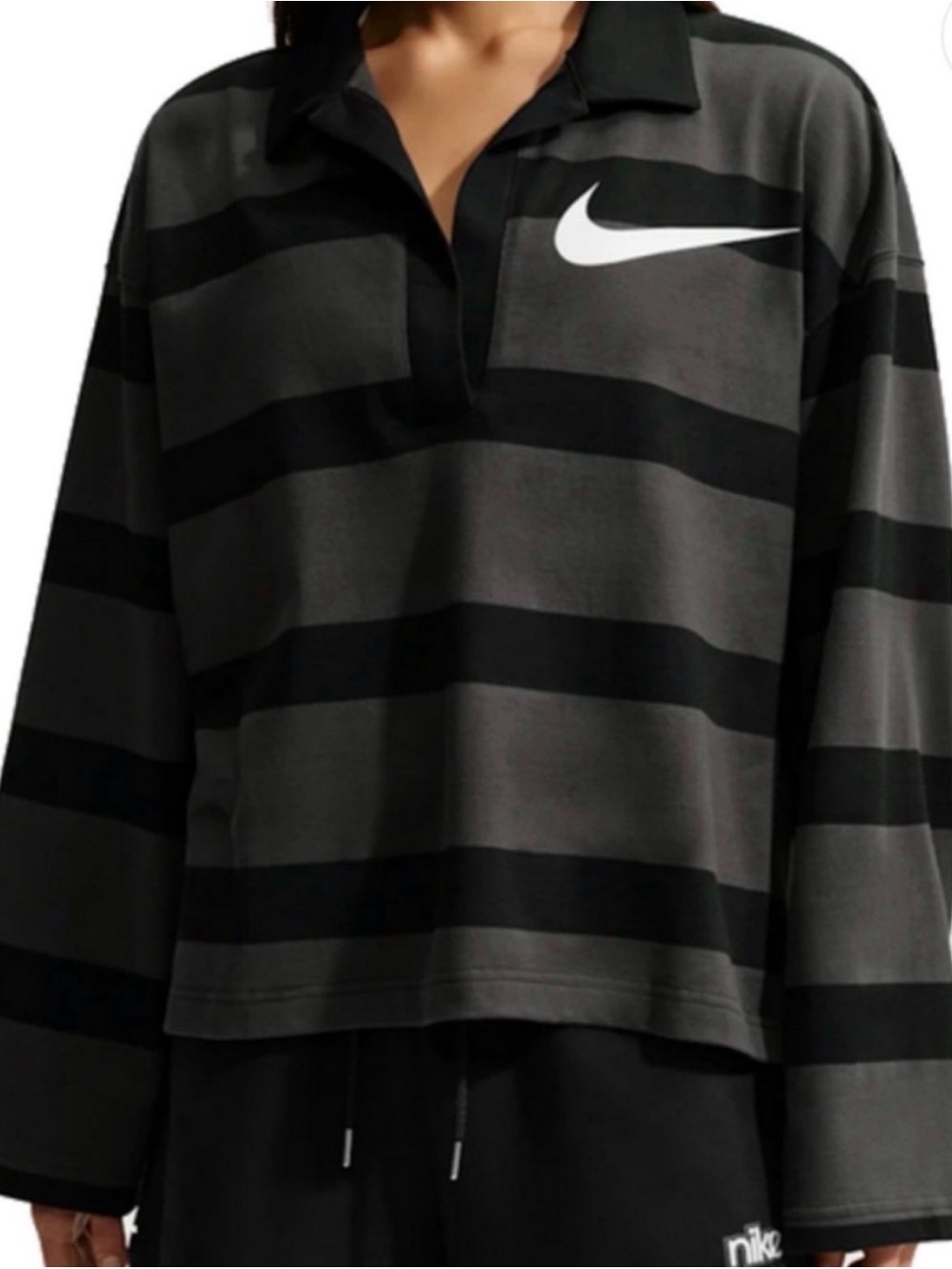 Nike Black and Gray Striped Rugby-Style Woman’s Top